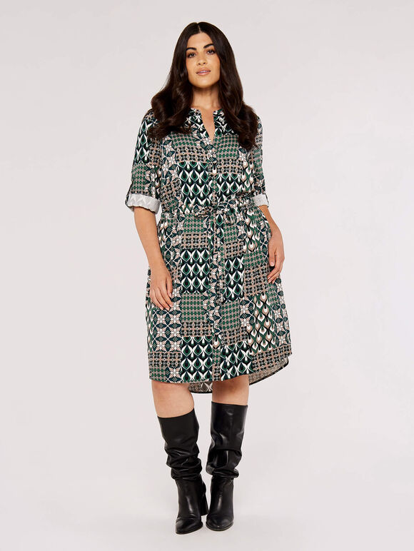 Curve Patchwork Mini Dress, Green, large