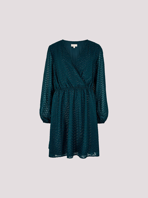 Chevron Shimmer Wrap Mini Dress, Teal, large
