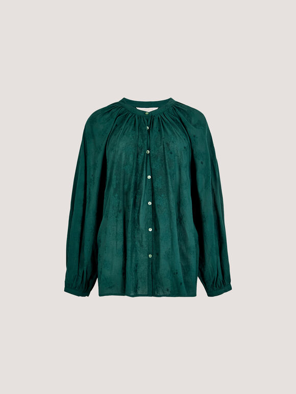 Floral Embroidered Cotton Shirt, Green, large