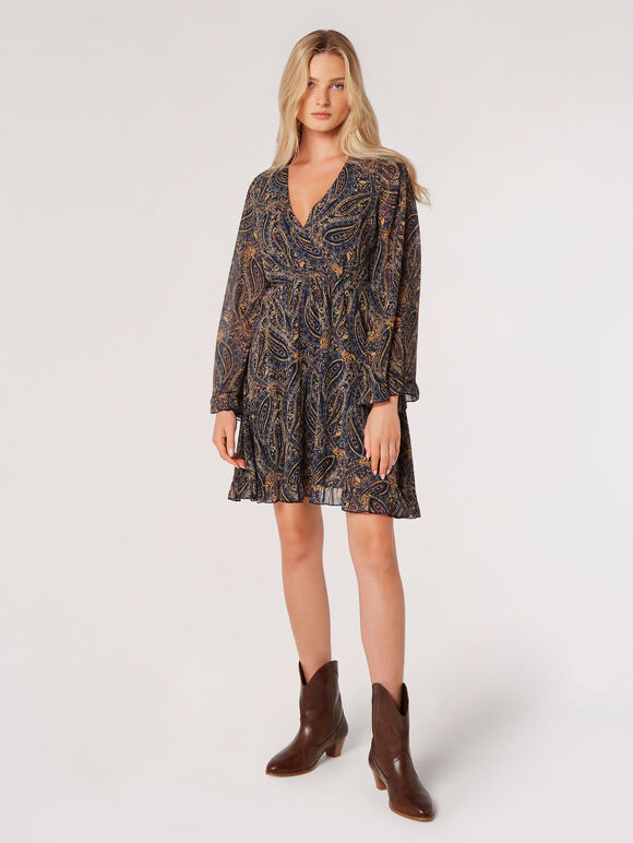 Paisley Bell Sleeve Wrap Mini Dress, Navy, large