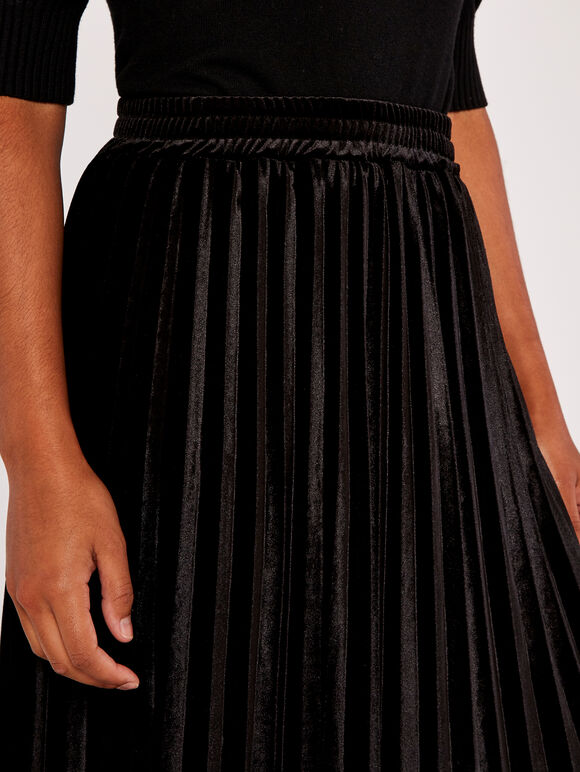 Velvet Pleated Midi Skirt, Black, large