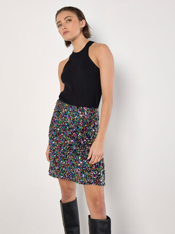 Rainbow Sequin Mini Skirt, Black, large