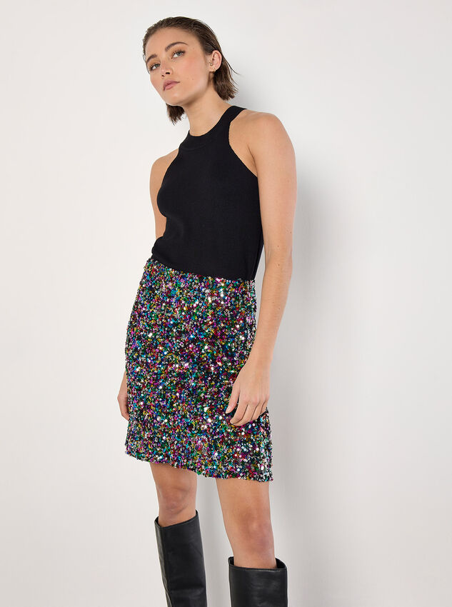 Rainbow Sequin Mini Skirt, Black, large