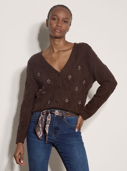 Pointelle Diamond Floral Cotton-Blend Cardigan