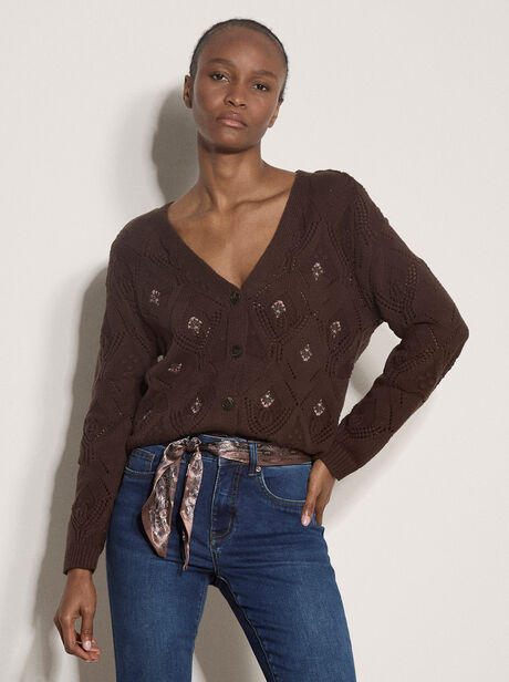 Pointelle Diamond Floral Cotton-Blend Cardigan