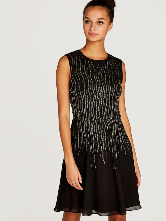 Black Sequin Lines Skater Dress, Black, large