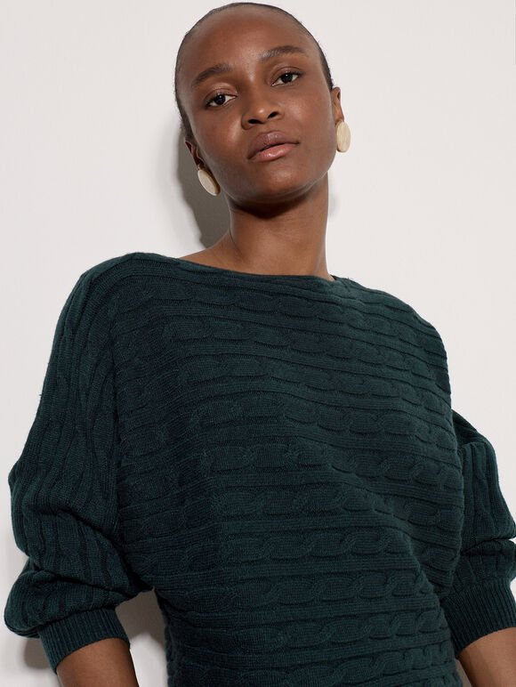 Cable Stripe Batwing Aran Jumper, Pine Green, large