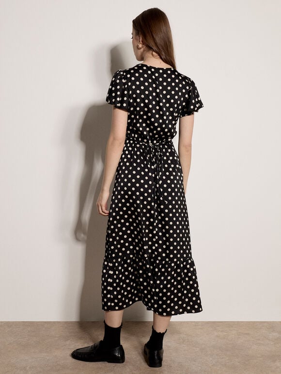 Polka Dot Satin Midi Dress, Black, large
