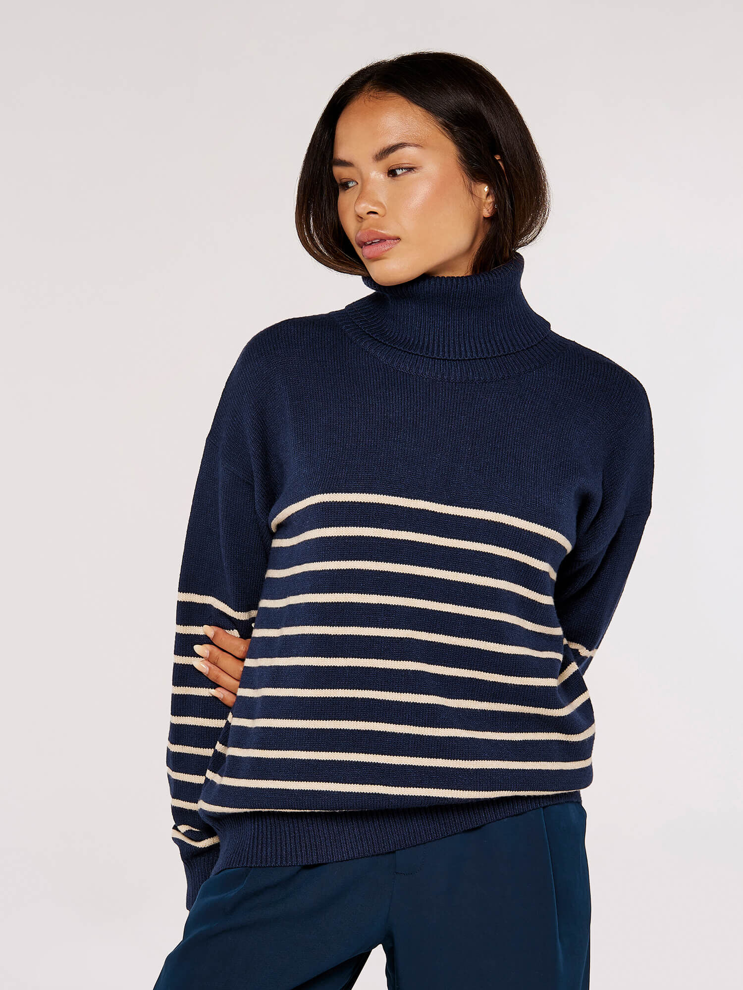 Striped Roll Neck Jumper Apricot Clothing