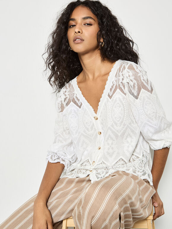 Floral Lace Button-Down Blouse, White, large