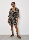 Satin Scarf Print Kaftan Mini Dress, Black, large