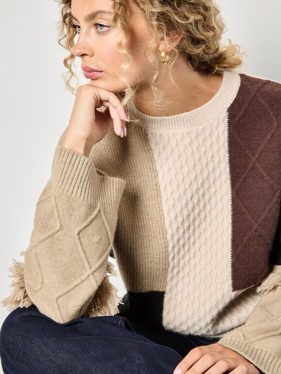 Mixed Cable Knit Patchwork Jumper, Brown, large