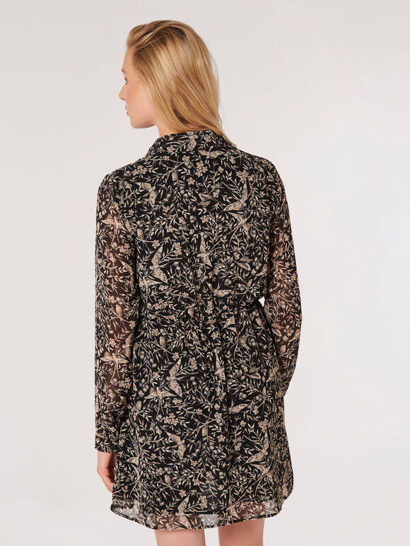 Illustrated Birds Empire Dress, Black, large