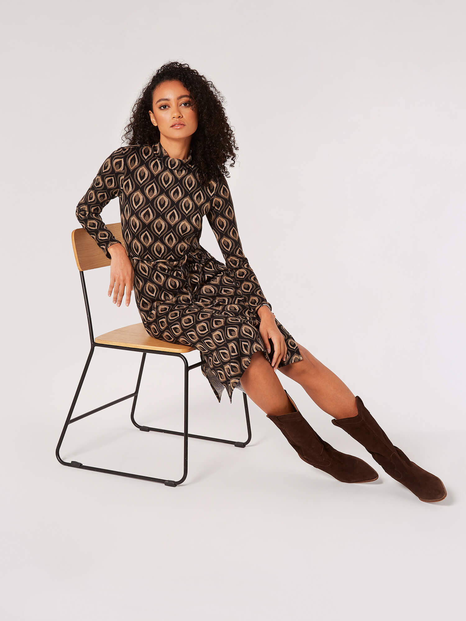 Peacock Print Knit Midi Dress Apricot Clothing