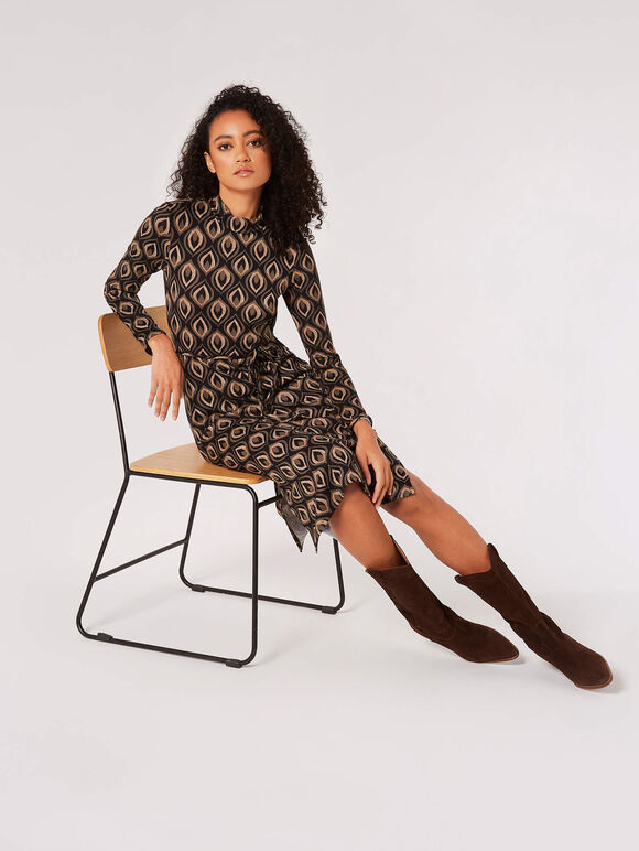 Geometric Leaves Knit Midi Dress, Black, large