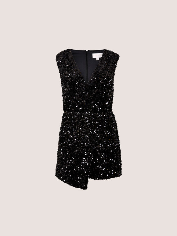 Sequin Velvet Wrap Playsuit, Black, large