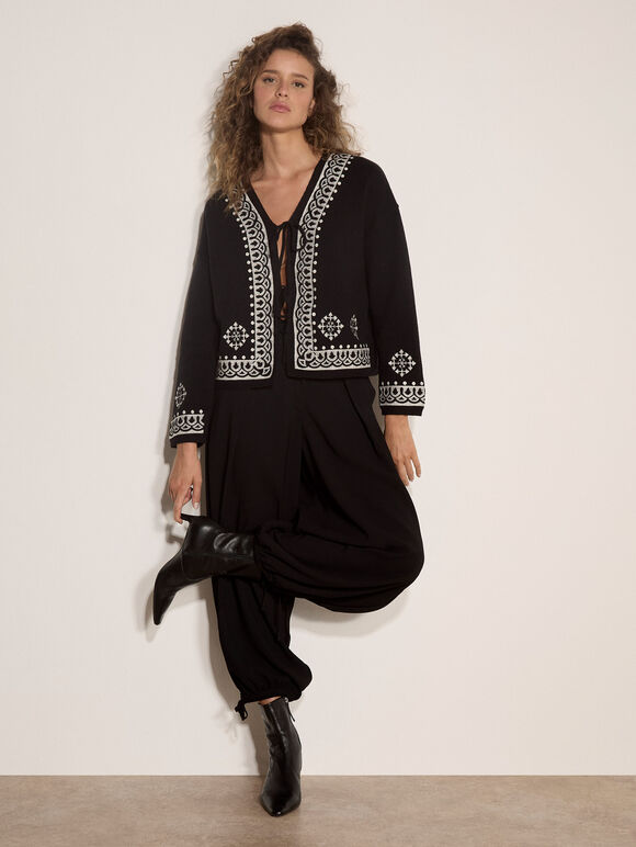 Soft Ribbed Knit Embroidered Cardigan, Black, large