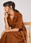 Linen Blend Utility Shirt Midi Dress, Brown, large