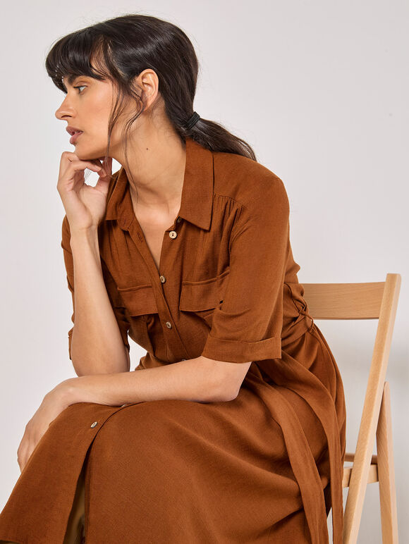 Linen Blend Utility Shirt Midi Dress, Brown, large