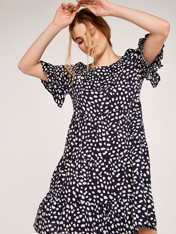 Spot Tiered Mini Dress, Navy, large