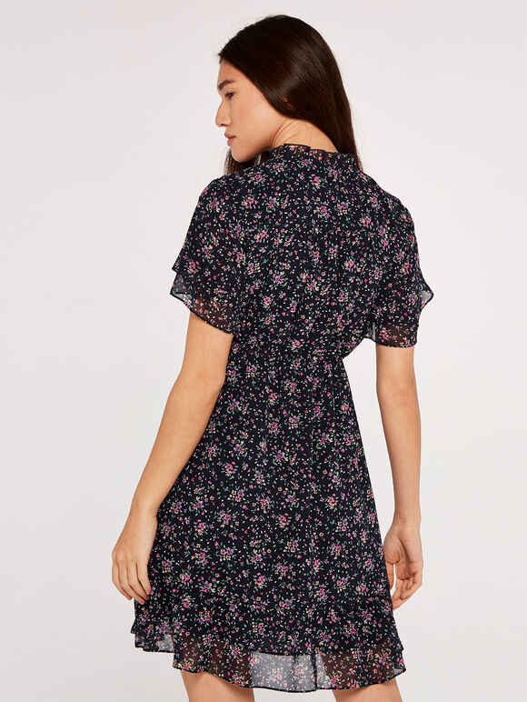 Ditsy Angel Sleeve Dress, Navy, large