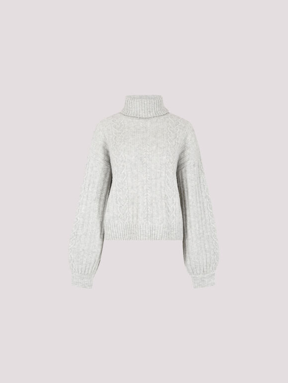Cable Knit Roll Neck Jumper, Grey, large