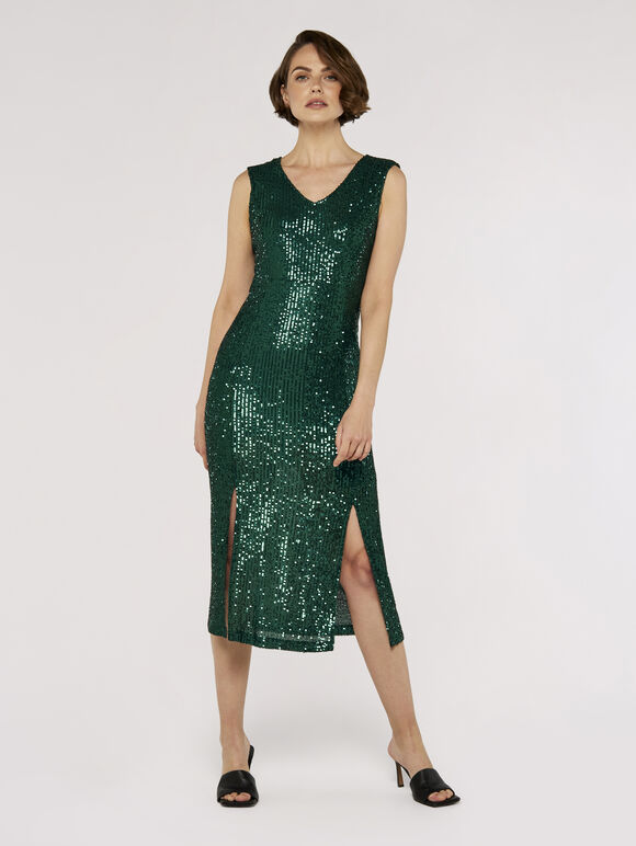 Sequin Split Hem Midi Dress, Green, large