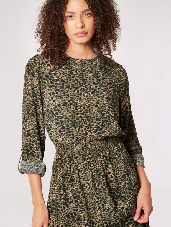 Animal Smocked Waist Mini Dress, Khaki, large