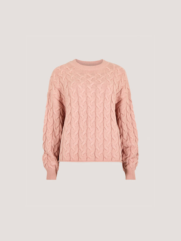 Cotton Blend Cable Knit Jumper, Pink, large