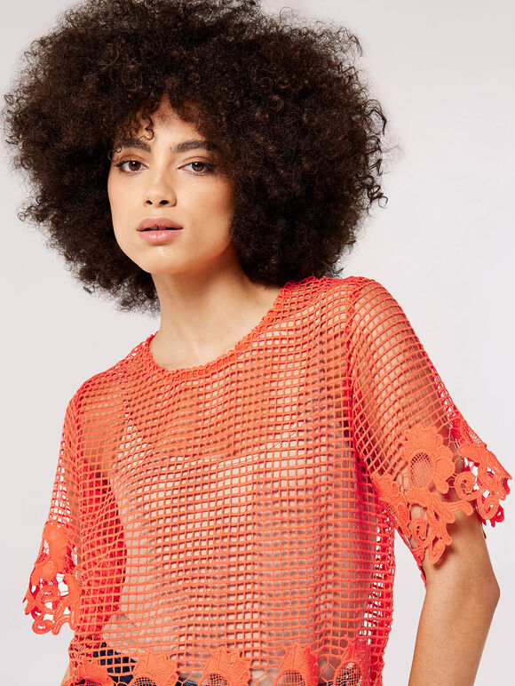 Square Mesh Guipure Top, Orange, large