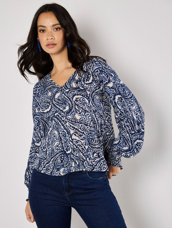 Paisley Print Shimmer Blouse, Navy, large
