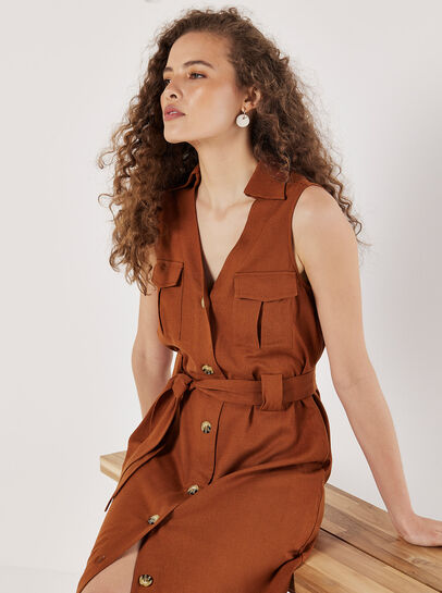 Linen Blend Utility Midi Dress