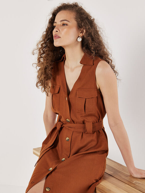 Linen Blend Utility Midi Dress, Rust, large