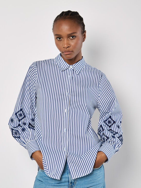 Embroidered Sleeves Stripe Shirt, Blue, large