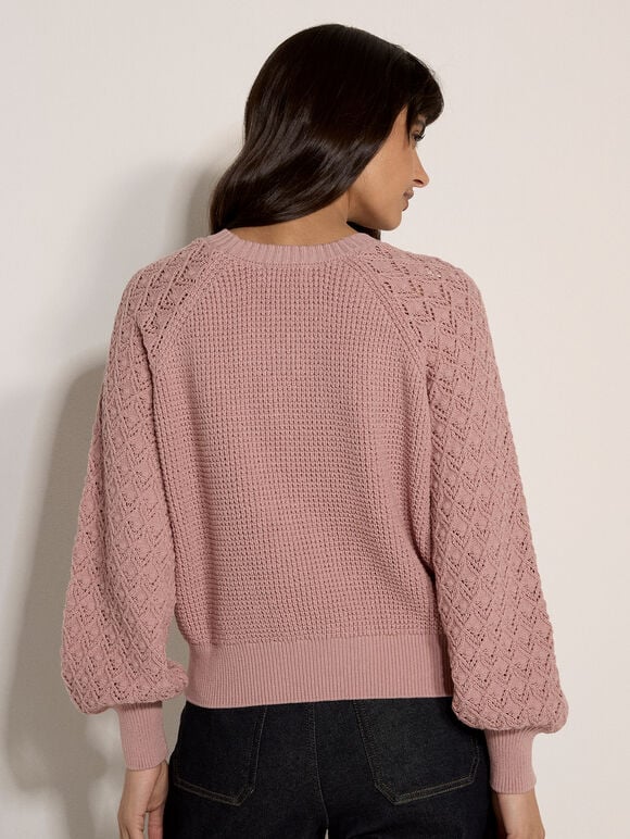 Pointelle Waffle Knit Cropped Jumper, Pink, large
