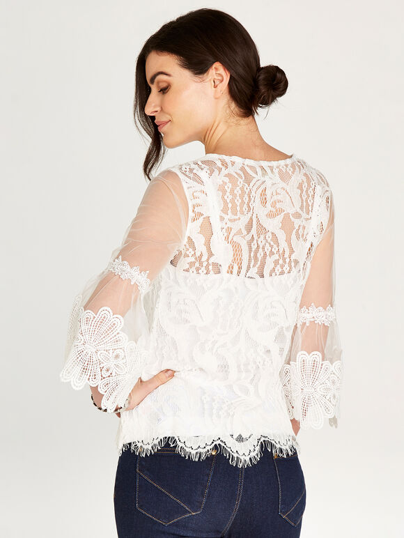 Corded Lace Bell Sleeve Top, White, large