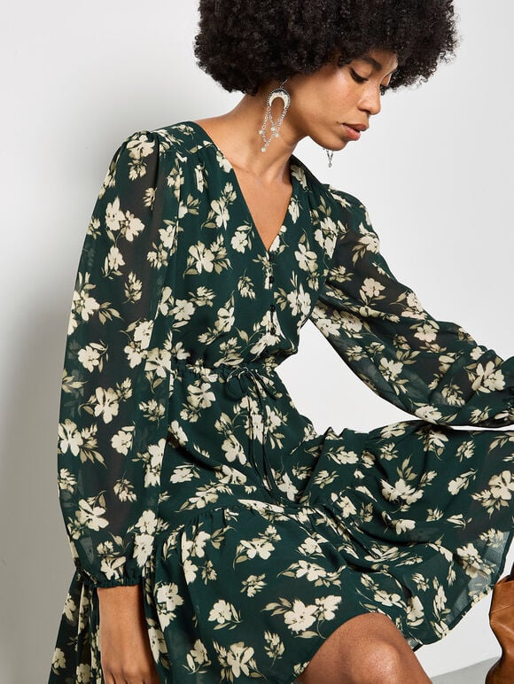 Chiffon Floral Print Mini Dress, Green, large