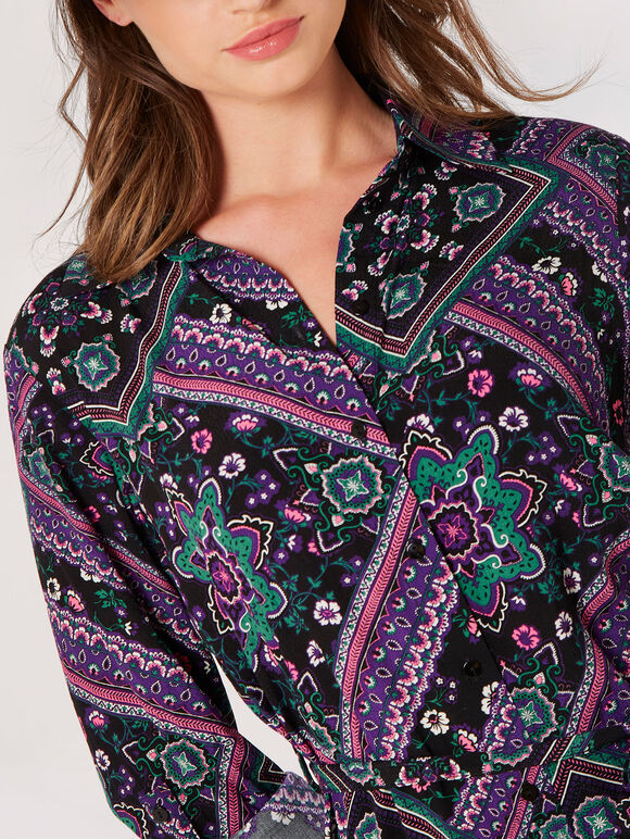 Scarf Print Shirt Mini Dress, Purple, large