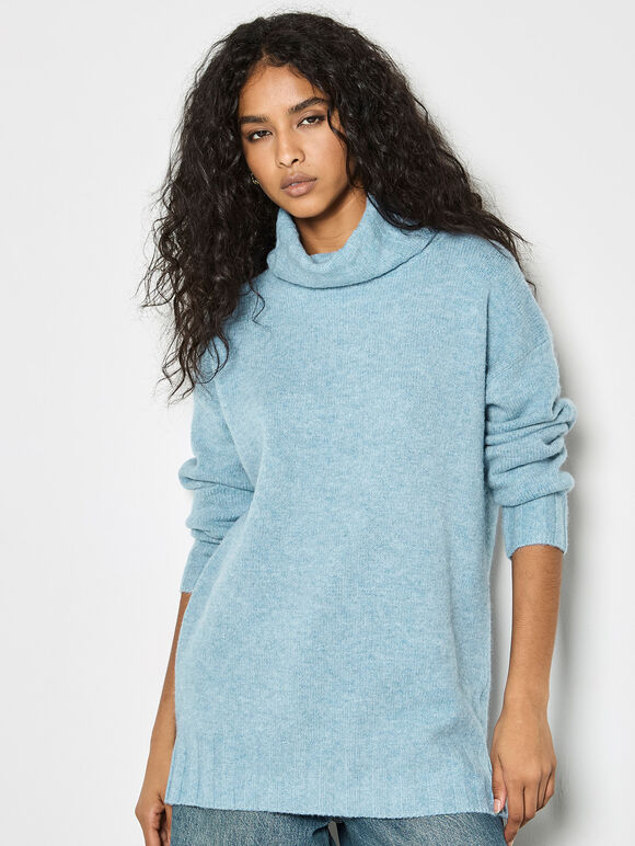 Oversized Roll Neck Tunic Jumper, Blue, large