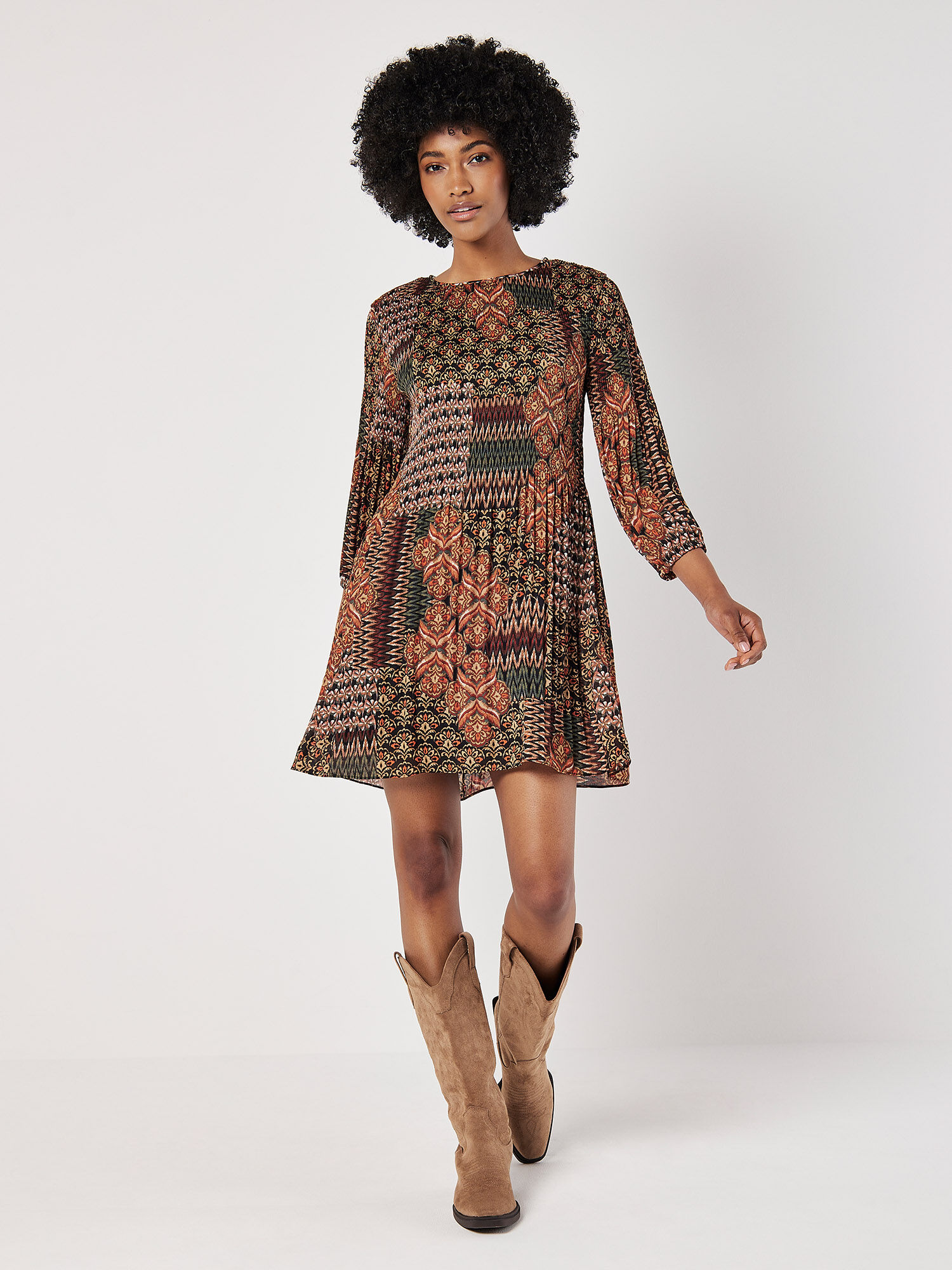 Patchwork Plisse Mini Dress Apricot Clothing