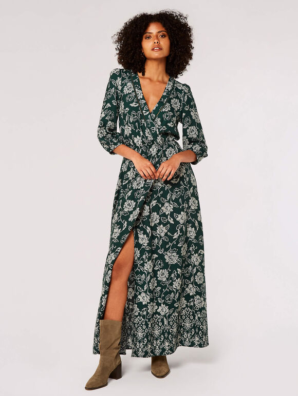 Floral Print Wrap Maxi Dress
, Green, large