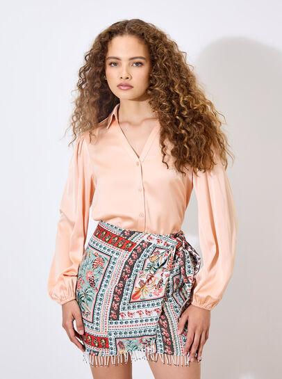 Tropical Print Beaded Wrap Mini Skirt