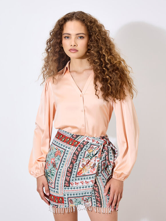 Tropical Print Beaded Wrap Mini Skirt, Mint, large