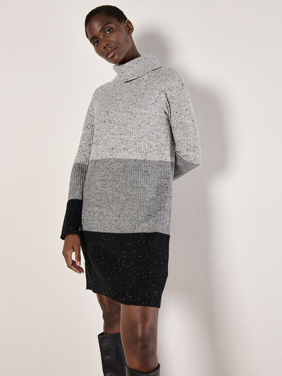 Ribbed Knit Colour Block Mini Dress, Black, large