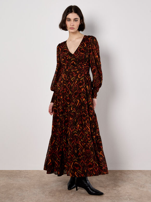 Ikat Chiffon Tiered Maxi Dress, Burgundy, large