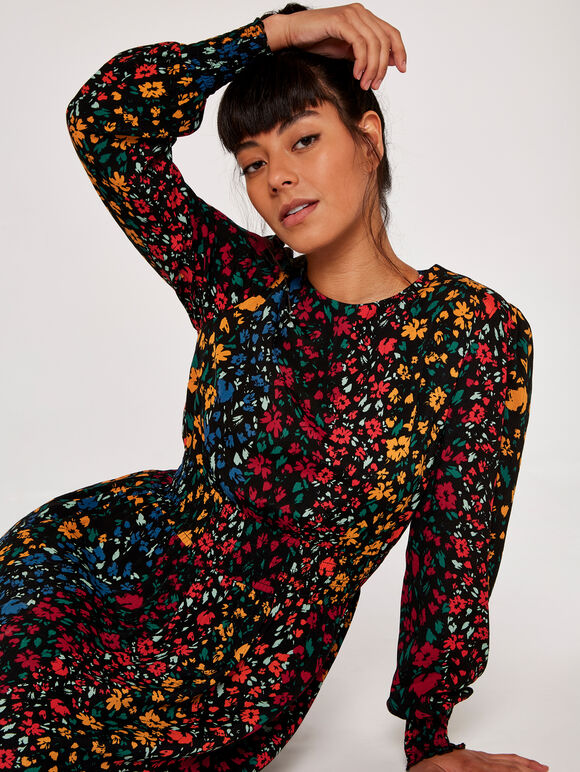 Floral Midi Dress, Black, large