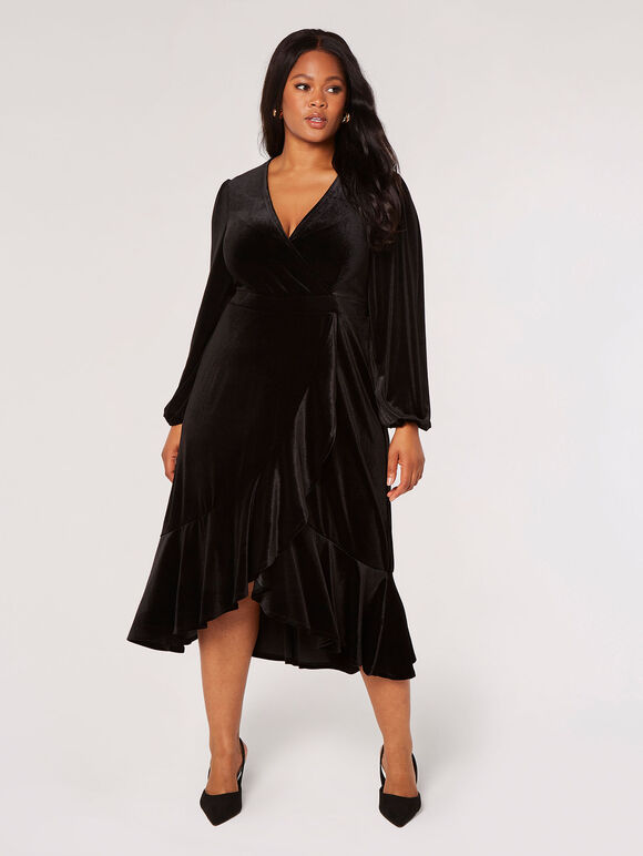 Curve Velvet Wrap Midi Dress, Black, large