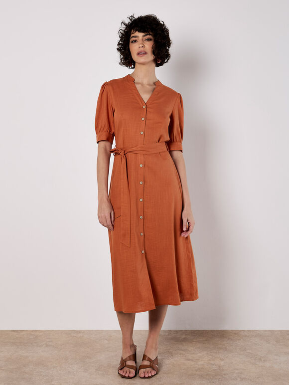Button Down Linen Blend Midi Dress, Orange, large