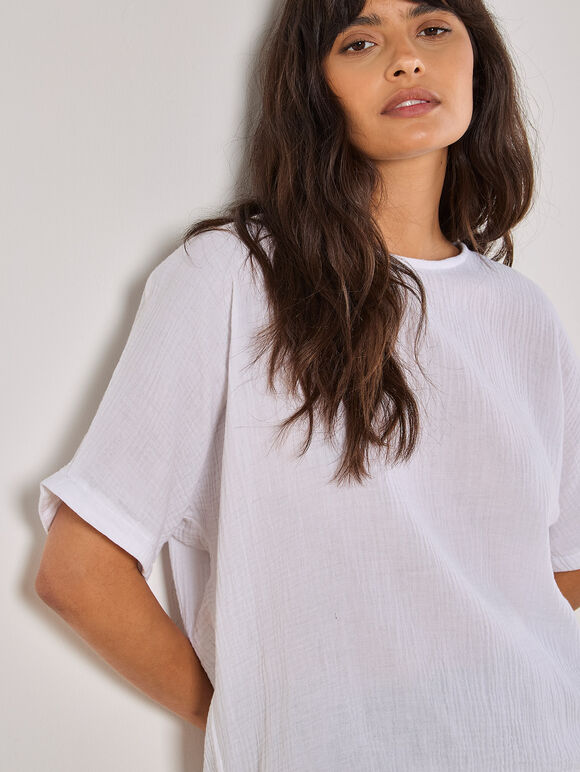 Textured Cotton Button Back T-Shirt, White, large