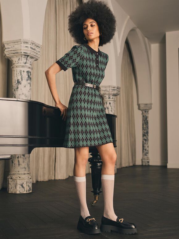 Knitted Argyle Mini Dress, Green, large